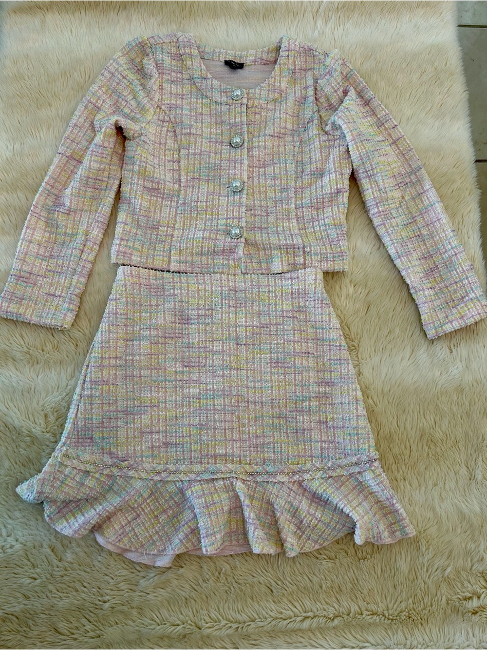 Zunie Pastel Tweed Two-Piece Pastel Skirt Set in Pink, Yellow, Blue